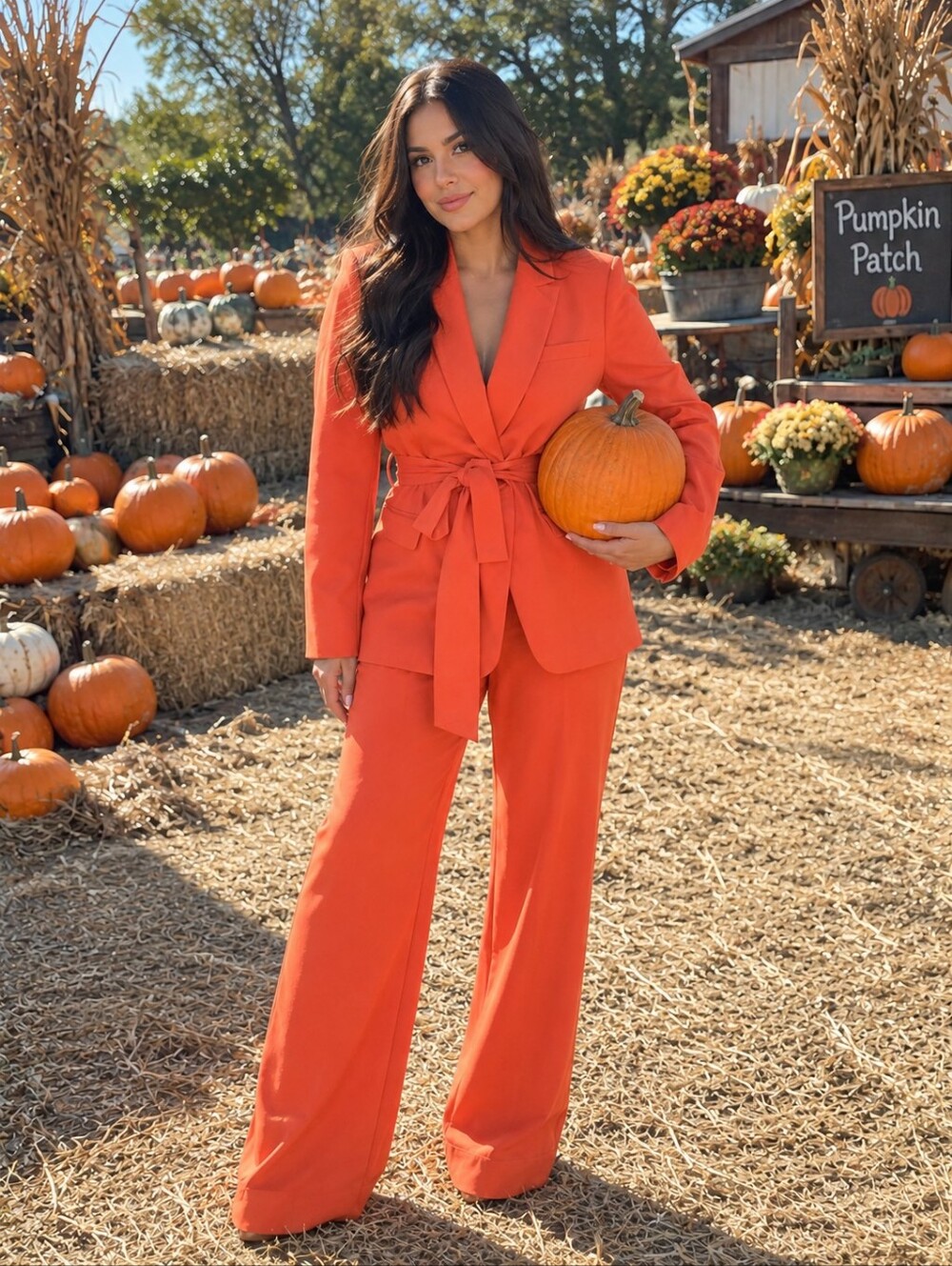 Zara Orange Women's Blazer and High-Waist Trousers with Waist Tie